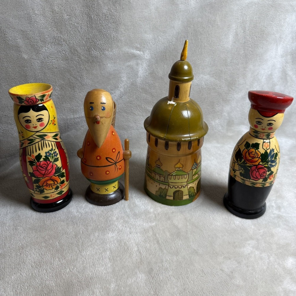 Lot Of 4 Vintage‎ Russian USSR Carved Painted Wooden Figurines